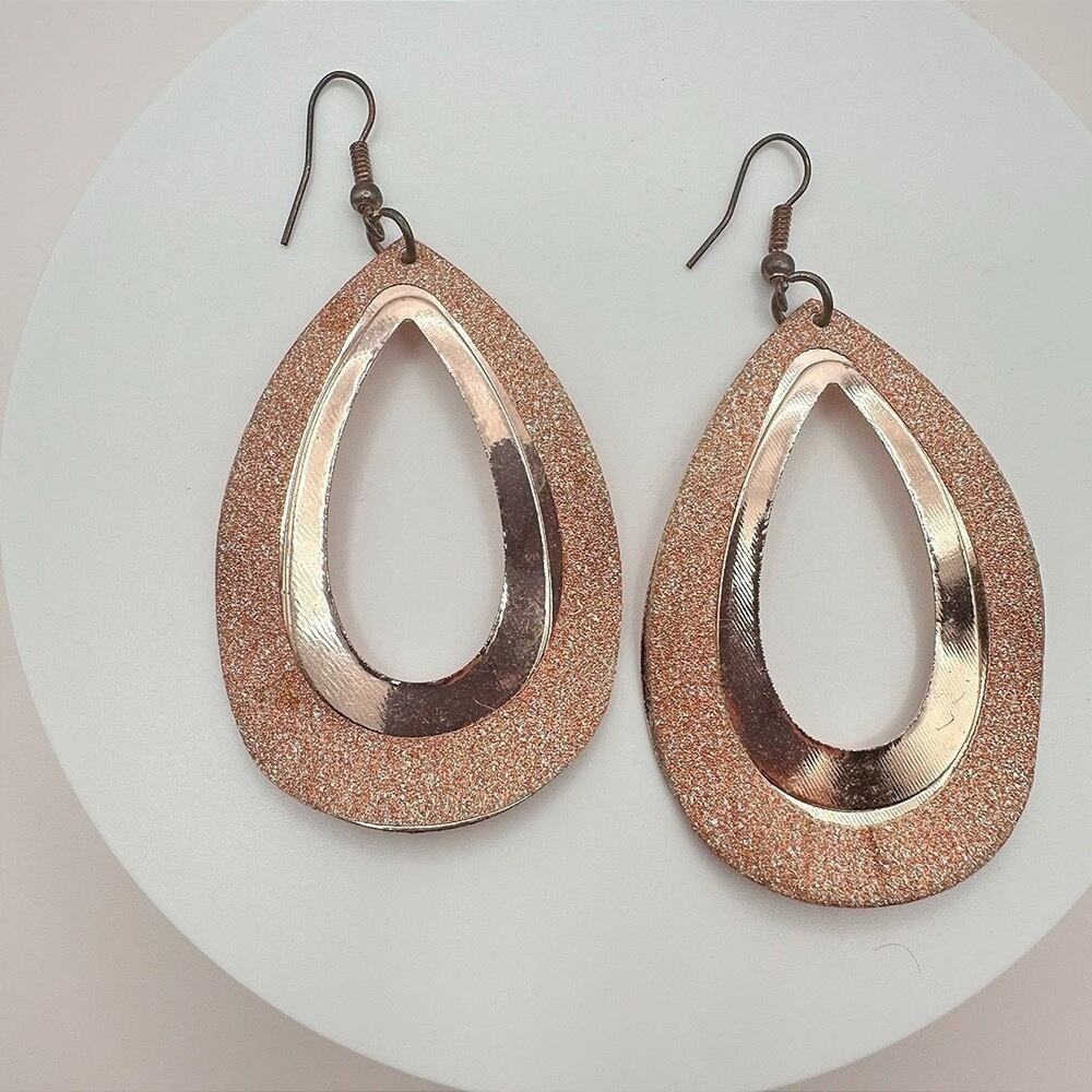 Vintage 80s Rose Gold Teardrop Dangle Earrings Glitter Shimmer Fashion Jewelry